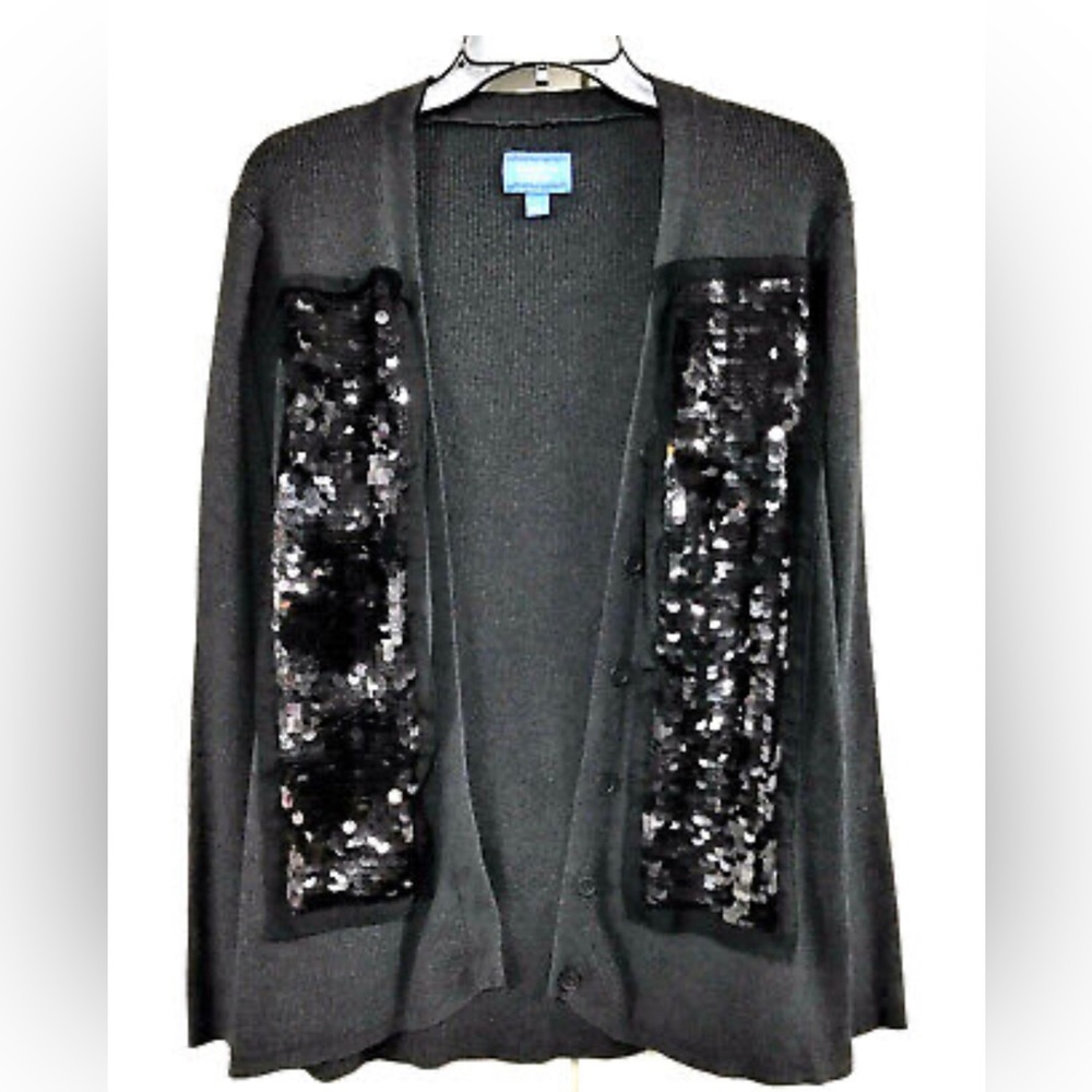 Vera Wang Black Star Sequin Open Front Cardigan | Long Sleeve